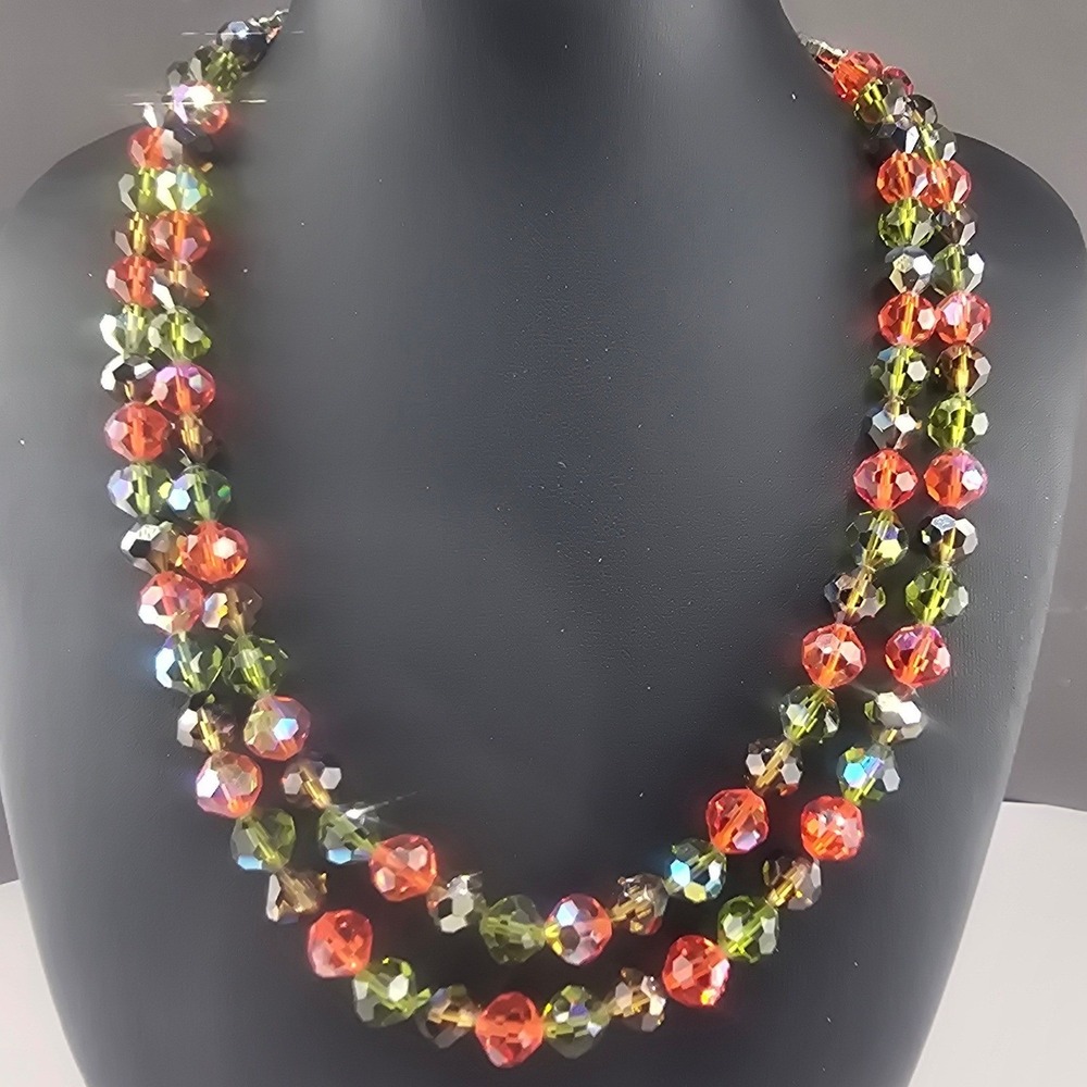 Vintage Estate Necklace Green Orange Iridescent Glass Beaded Multi Strand 16"
